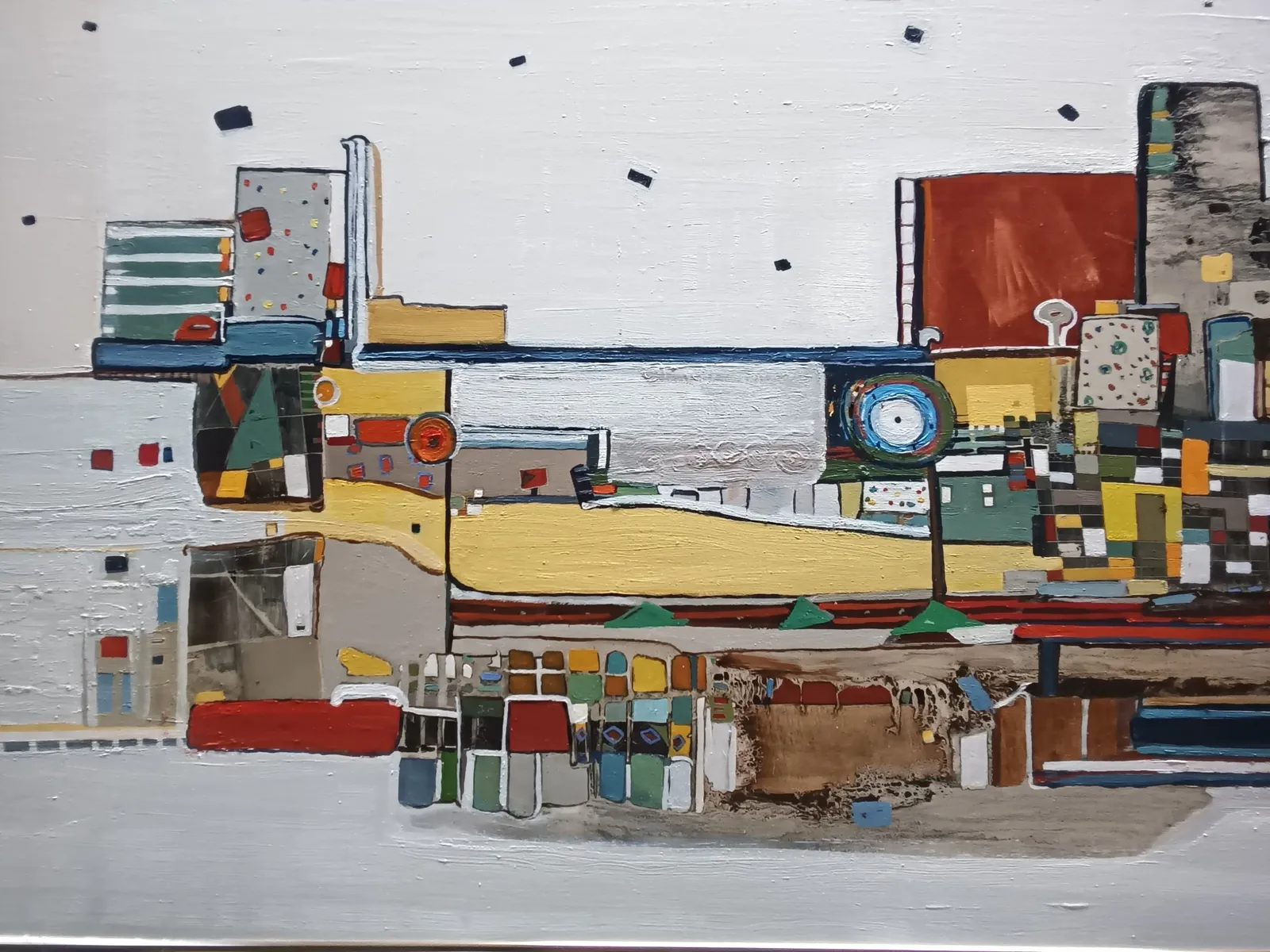 Abstract painting by Christine Schub in white, ochre, red and blue