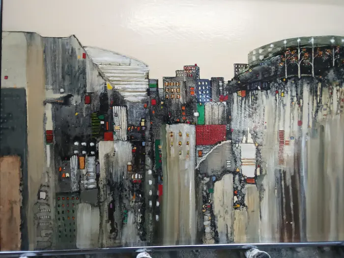 Abstract cityscape painting with dripping grays, whites and reds