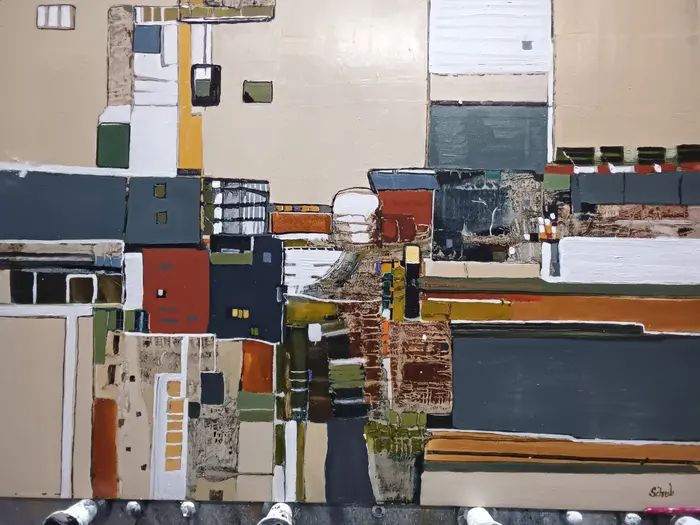Abstract collage-like painting of blocks in navy, rust and cream