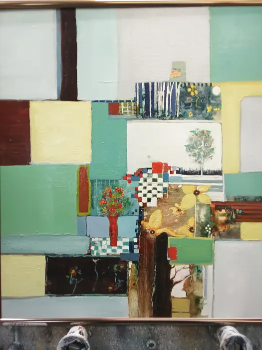Abstract painting in teal, cream and red blocks with a small tree