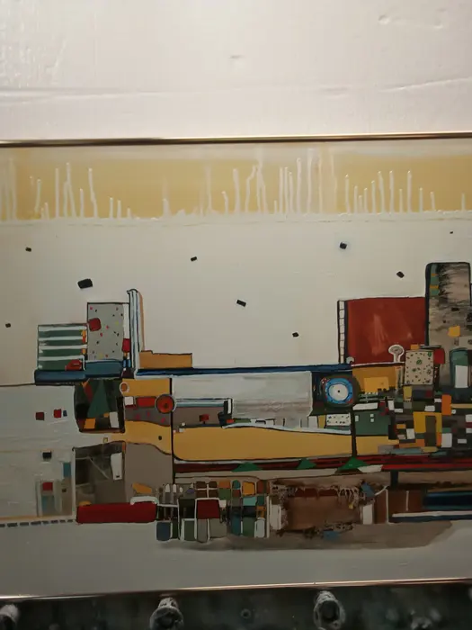 Abstract painting with a yellow horizon and colorful shapes