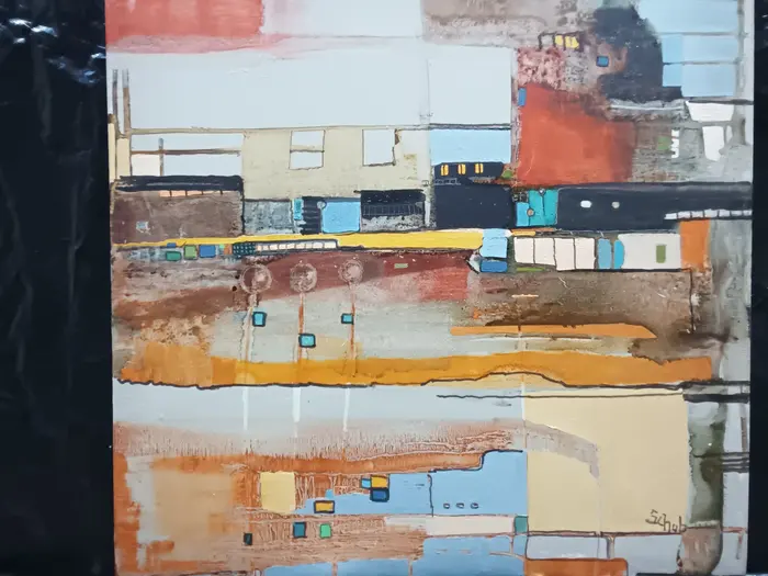 Abstract painting in orange, cream and blue layers